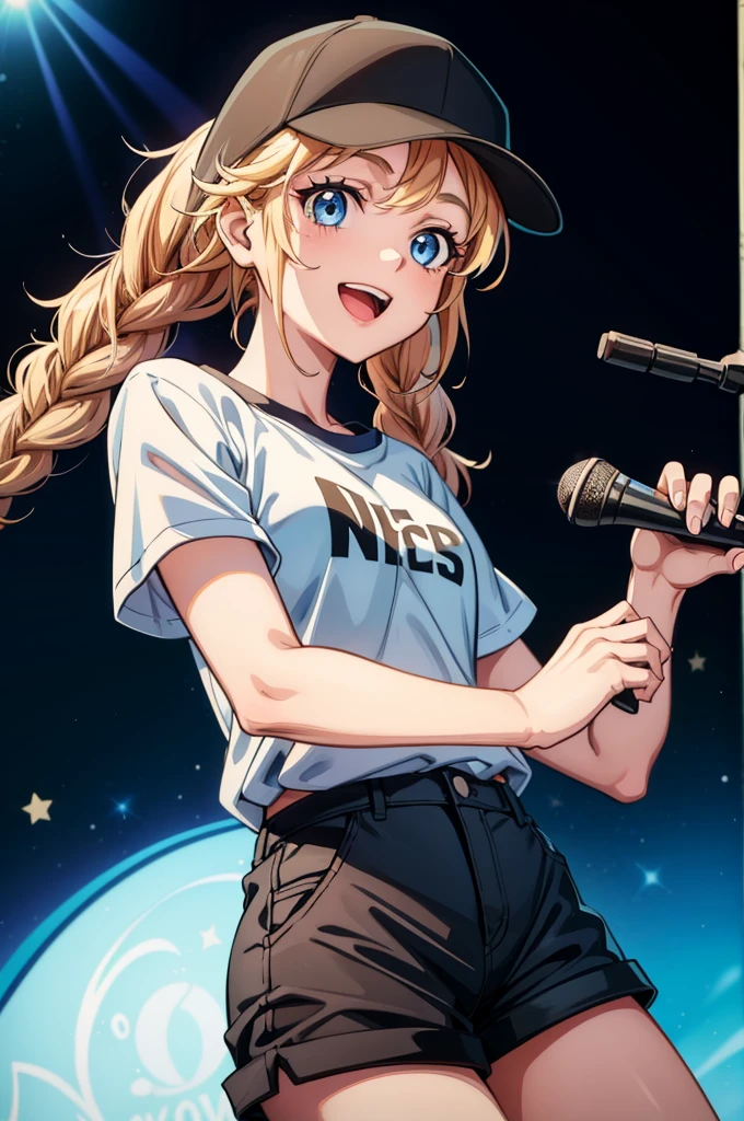 this is an animated musical cartoon girl with guitar and microphone singing and talking, 1girl, hat, solo, blue eyes, braid, smile, shorts, twin braids, shirt, microphone, white shirt, holding, black headwear, instrument, long hair, baseball cap, looking at viewer, black shorts, guitar, short sleeves
