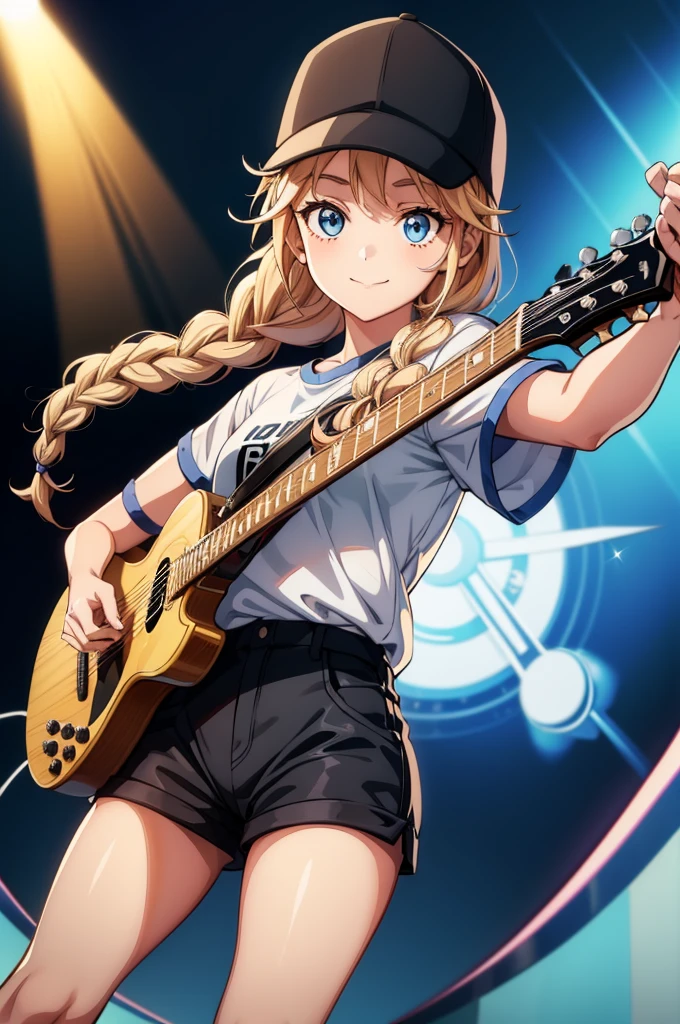 this is an animated musical cartoon girl with guitar and microphone singing and talking, 1girl, hat, solo, blue eyes, braid, smile, shorts, twin braids, shirt, microphone, white shirt, holding, black headwear, instrument, long hair, baseball cap, looking at viewer, black shorts, guitar, short sleeves