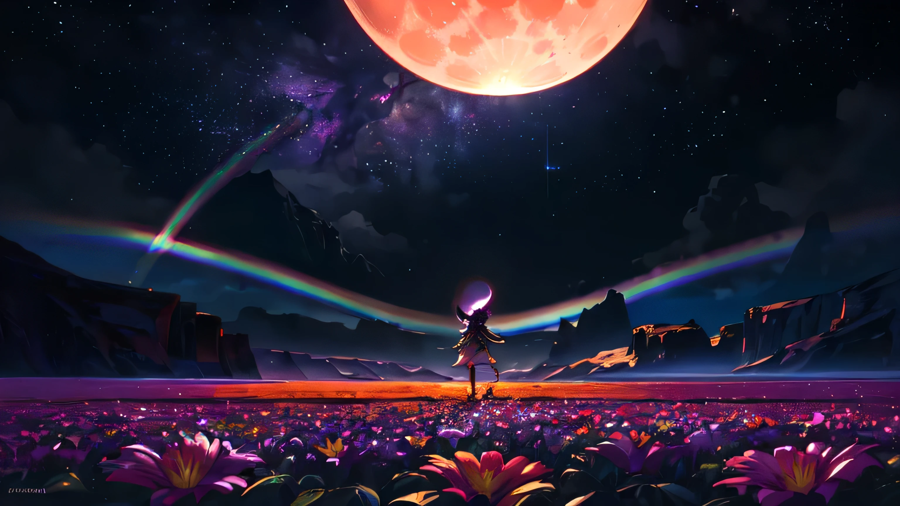 Vast landscape photography , (A view from below, with the sky above and the wide fields below), A girl standing in a flower field looking up, (full moon:1.2), ( shooting star:0.9), (nebula:1.3), Distant Mountain, Treebreak Production Art, (Warm light source:1.2), (fire Fly:1.2), lamp, Lots of purple and orange, Intricate details, Volumetric Lighting Break
(masterpiece:1.2), (highest quality), 4K, Very detailed, (Dynamic configuration:1.4), Very detailed, Colorful details,( Rainbow-colored:1.2), (Shining Lights, Atmospheric lighting), dream-like, Magic, (alone:1.2)