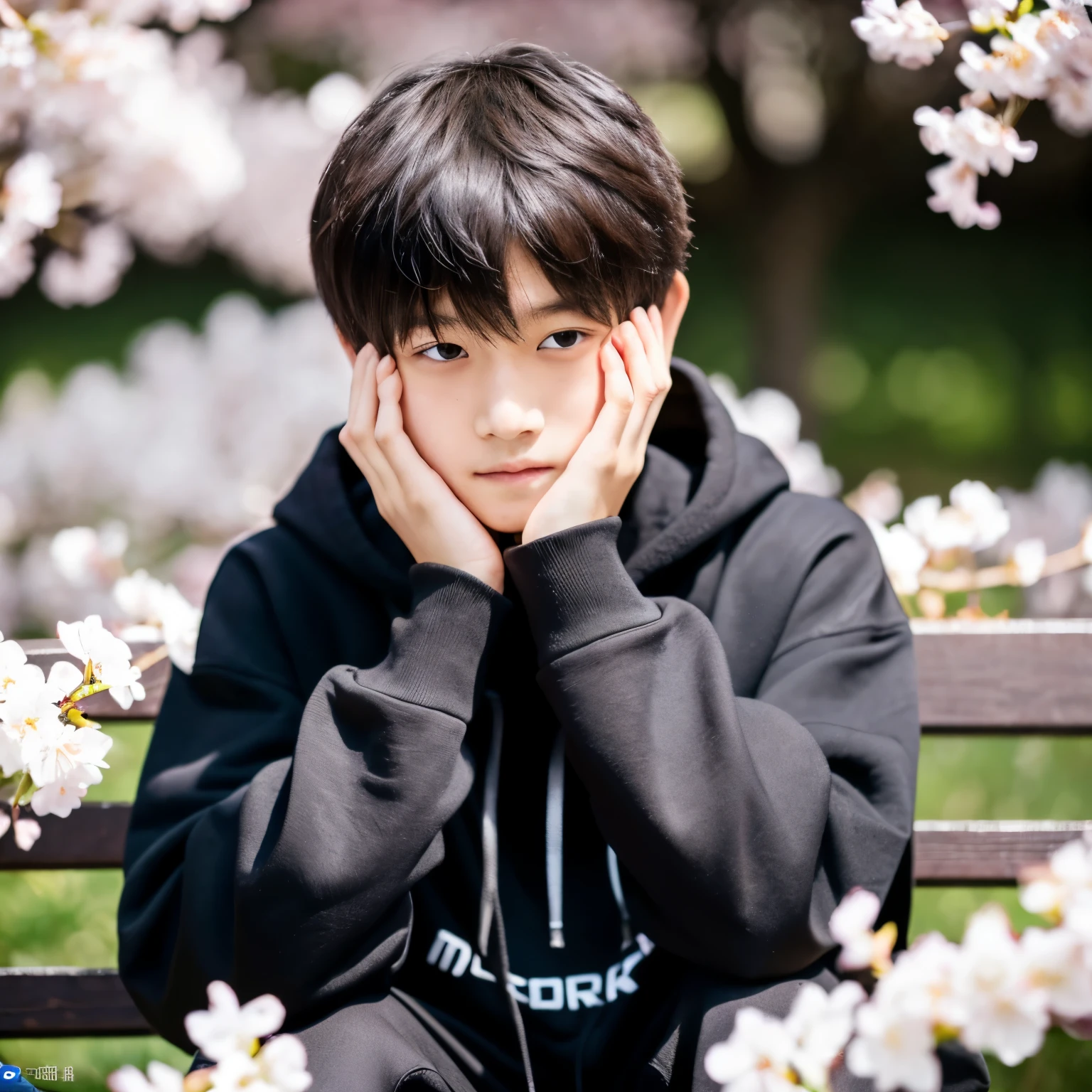 (8K, raw photo, Best quality, masterpiece:1.2), (realistic, photorealistic:1.37). Young guy , Japanese, short hair, black hoodie, covers half of his face with his hand.  sitting on a bench next to cherry blossoms, day 