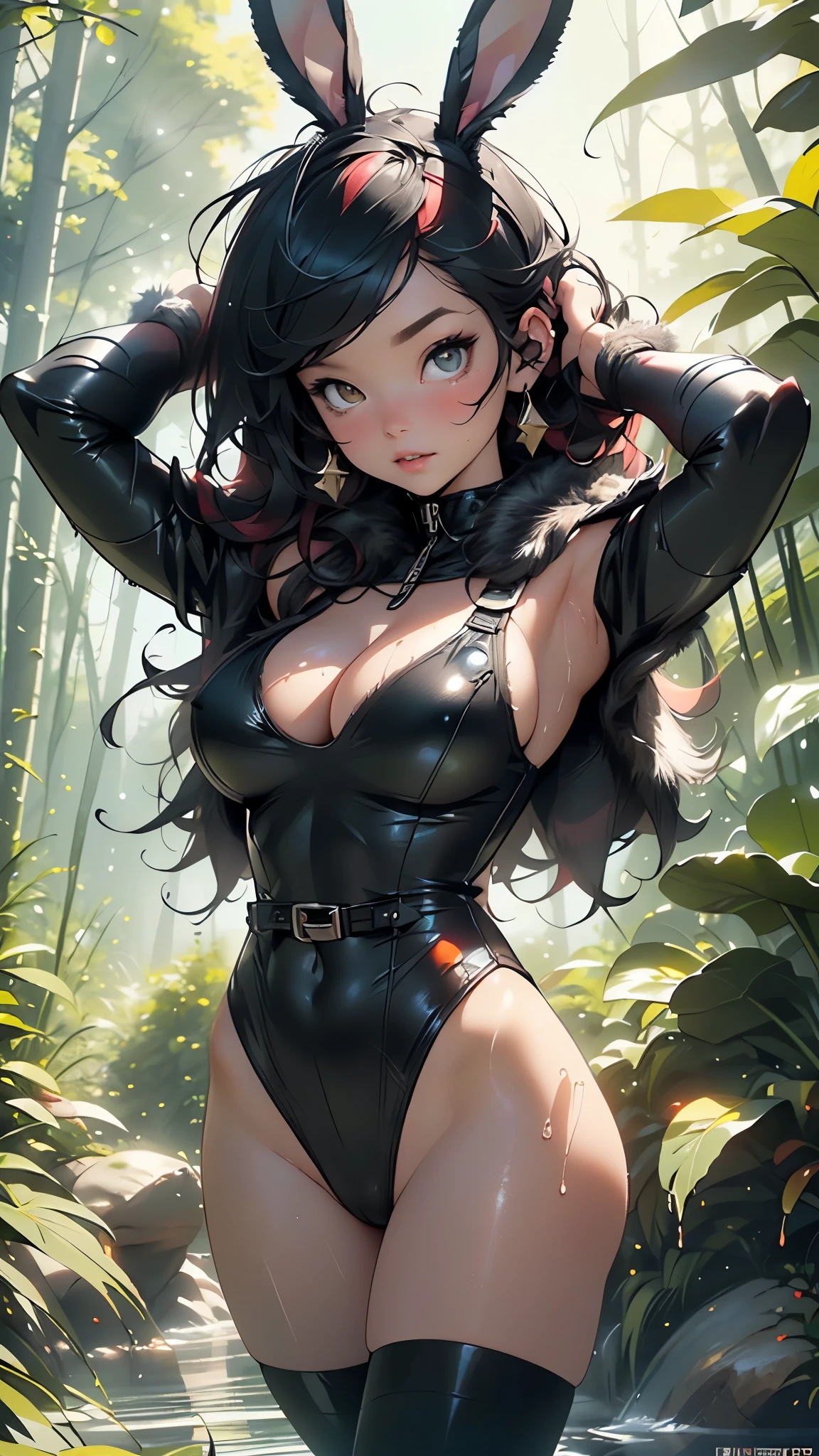 girl druid,(((1girl))),((cute and beautiful afro haired girl)),((((black race)))),
(large breasts:1.4),saggy breasts,((((black afro hair:1.35,((afro hair:1.35)),afrohair,afro:1.35,dark hair,black hair,)))),medium hair,((heterochromia:1.5, (yellow_eye and red_eye))),intricate eyes,beautiful detailed eyes,symmetrical eyes,((fat)),((((tan,dark skin,black skin:1.35,dark-skinned_female,dark skin:1.3,ebony skin,lustrous skin:1.5,bright skin: 1.5,shiny skin,very shiny skin,shiny body,illuminated skin)))),(spider lower abdomen,narrow waist,wide hip,athletic body,inflated legs, thick thighs),((detailed face)),
cute,slutty,sensual,seductive look,seductive,erotic,enchanting,((nsfw)),
zettai ryouiki,revealing clothing,show skin,(wearing a native celtic body armor:1.3,micro armor bikini,bare legs,an armored arm),(((intricate outfit,intricate clothes))),
(dynamic pose:1.0),solo focus,embarrassed,(centered,scale to fit dimensions,Rule of thirds),
outdoors,forest,(forest background,glowing crystals,bioluminescent plant),scenery,extremely scenery,(((glowing crystals,bioluminescent plants))),(forest on the background),(sunset, golden hour),
(Glossy forest ornaments),highres,sharp focus,(ultra detailed,extremely detailed),(photorealistic artwork:1.37),(extremely detailed CG unity 8k wallpaper),(((vibrant colors,vibrant theme))),(intricate),(masterpiece),(best quality),artistic photography,(photography taken by sldr),(intricate background),perfect rendered face,perfect face details,realistic face,photo realistic,((intricate detail)),(((realism))),