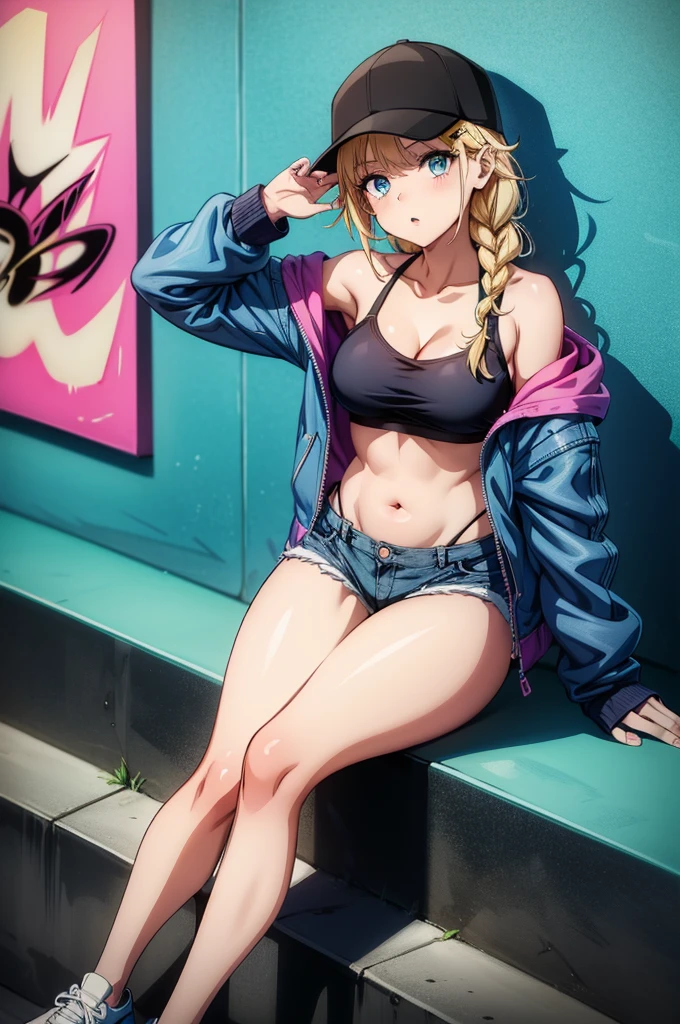 a manga style cartoon character sitting on a ledge with graffiti on it, 1girl, solo, shorts, breasts, graffiti, baseball cap, hat, navel, bikini top only, swimsuit, bikini, pantyhose, jacket, off shoulder, open jacket, looking at viewer, twin braids, long hair, shoes, sitting, open clothes, sneakers, hair ornament, blue eyes, bare shoulders, braid, cleavage, black bikini, short shorts, denim shorts, blue shorts, black headwear, parted lips, blonde hair, collarbone, stomach, denim, white footwear, hairclip, long sleeves