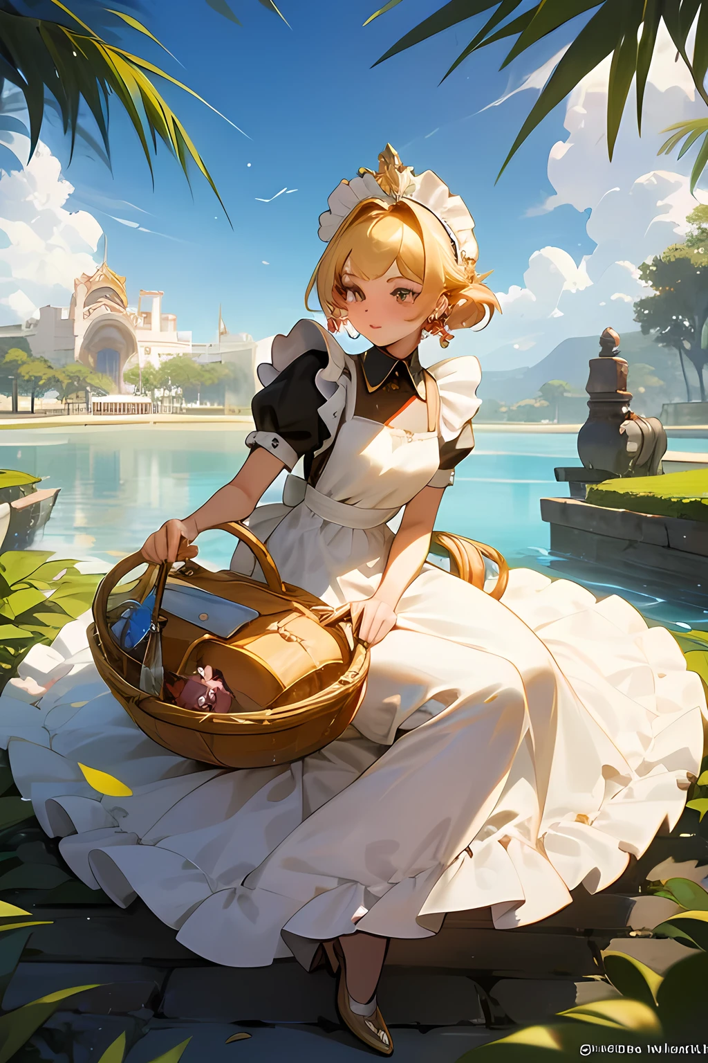 Beauty girl sit in palace paradise with baground palace the palace verry beauty and big like world tthe palace make from gold ruby and diamond make the girl wear clothes like quen beauty girl like diamond and they have many maid in around girl the maid grap gold glasss in paradise