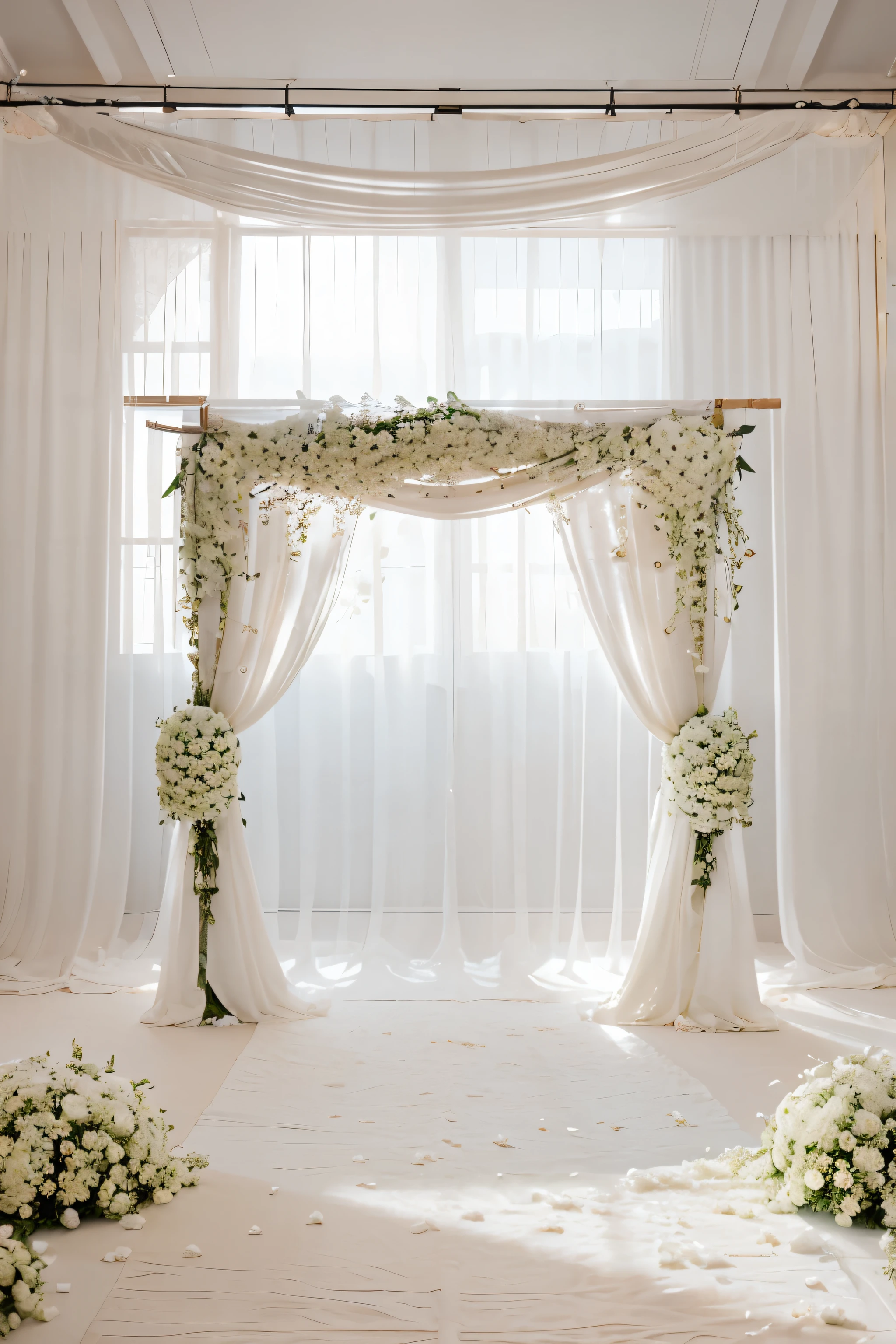 (a white wedding arch with white flowers, only rectangular scenery with white background curtain),classic wedding decor, elegant and dreamy atmosphere, soft and romantic, high quality materials, detailed craftsmanship, delicate textures, intricate floral arrangements, ethereal and lightweight, pure white color palette, natural lighting, soft shadows, fine art photography style