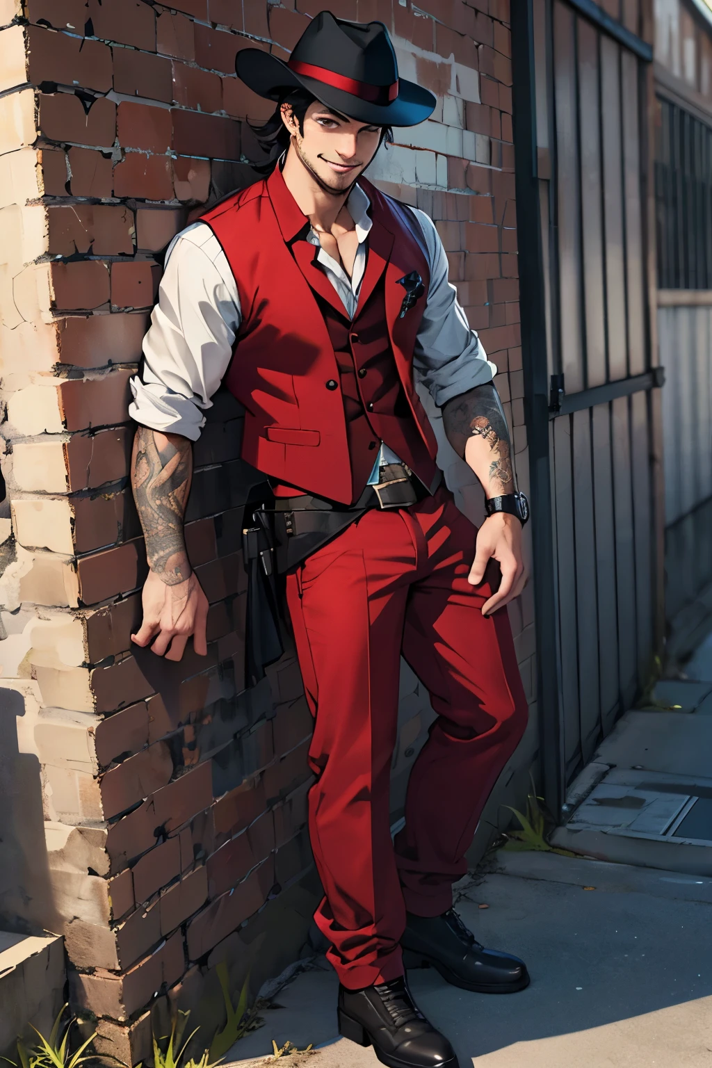 full body, adult man, with a devious smile, using a red fedora, using a red vest, black hair, brown eyes, with black morbid tattoos in his right arm