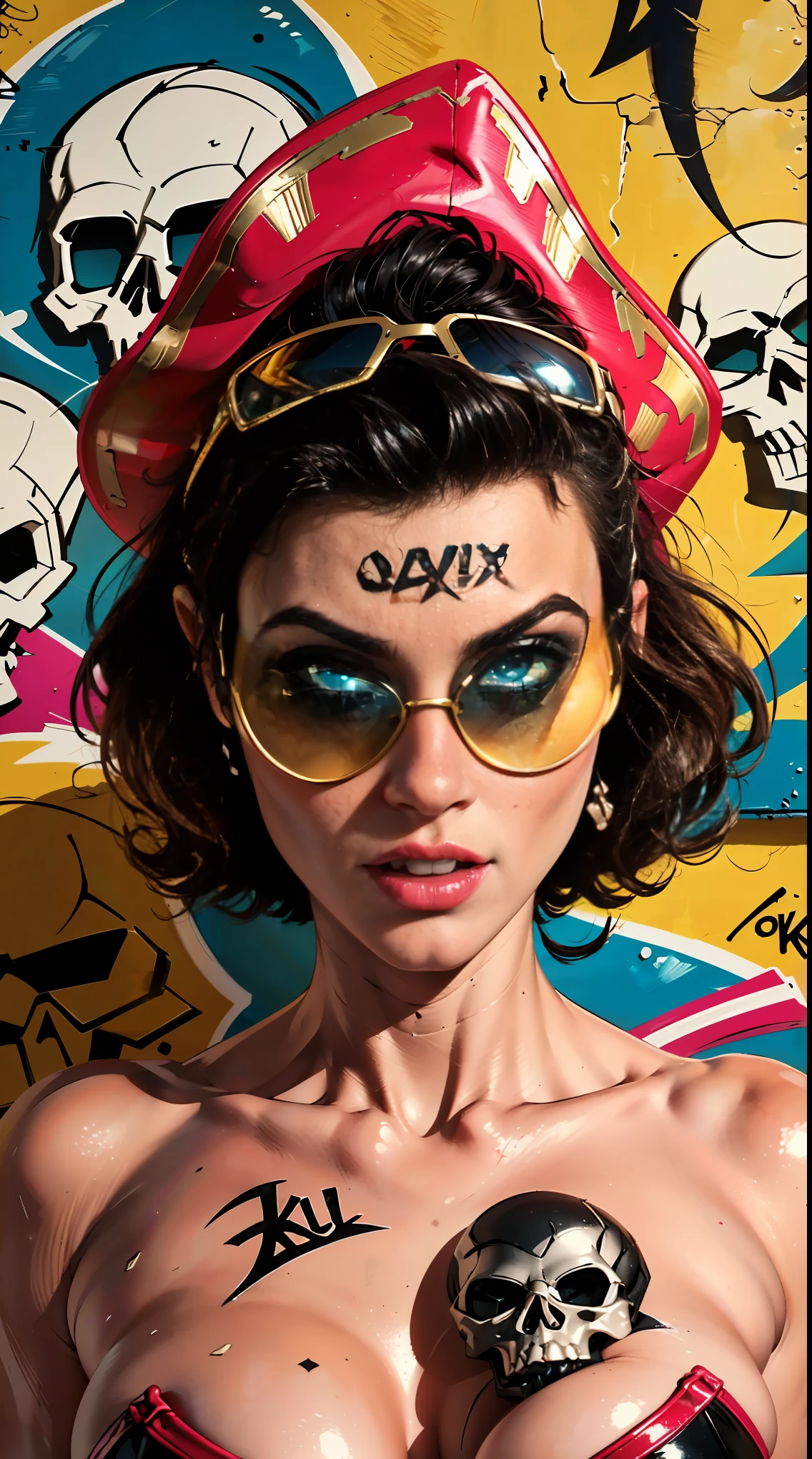 8K resolution、((highest quality))、((masterpiece))、((Super detailed))、1 female、alone、The strongest beautiful girl of all time、((incredibly absurd))、(((Stylish sunglasses))), pirate hat, lips in love、neon、short cut hair、 (((skull graffiti art))), colorful hair,