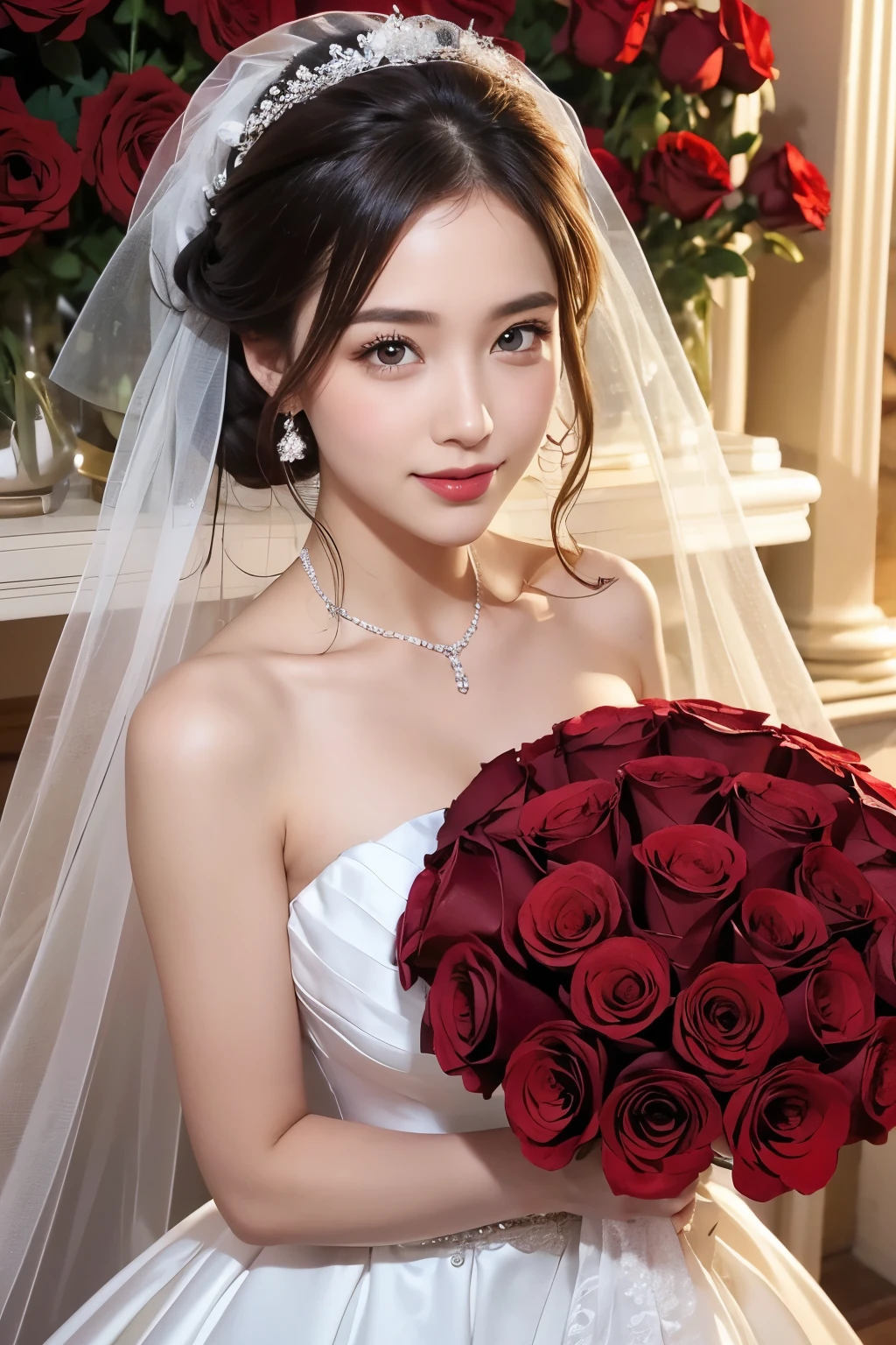 Beautiful woman holding a bouquet of red roses, wearing a wedding dress, magazine pose,