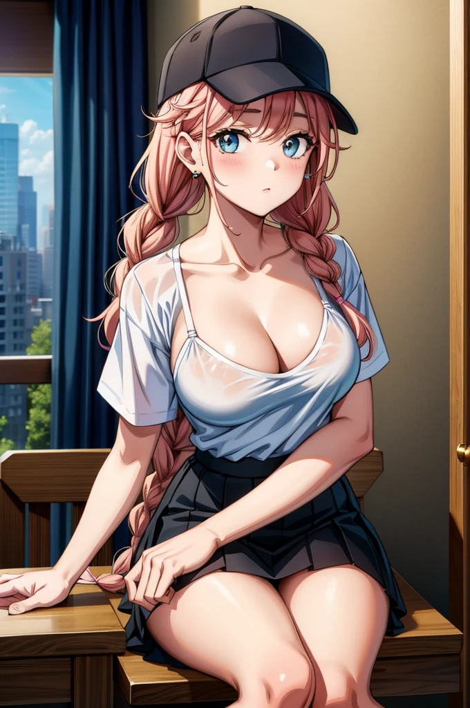 a cartoon of this cartoon girl with large is sitting on a chair, 1girl, breasts, solo, underwear, bra, skirt, twin braids, hat, braid, shirt, sitting, looking at viewer, pleated skirt, long hair, jewelry, indoors, earrings, cleavage, baseball cap, black bra, white shirt, socks, collarbone, black skirt, blush, short sleeves