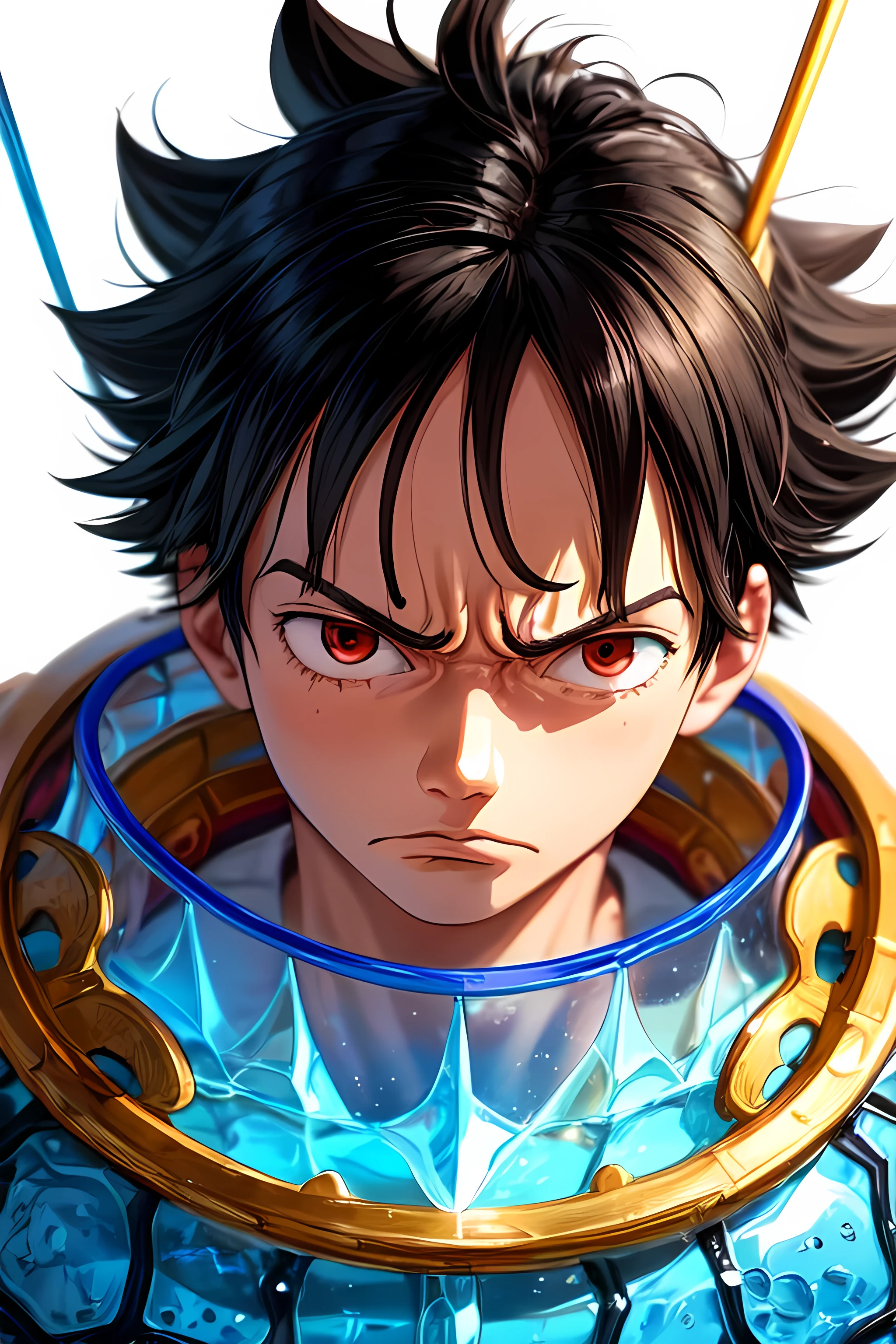 Close-up photo of a glass man, intricate detailes, White background, Transparent body, Visible veins, wires, Highly detailed, Head, Upper body, Breathtaking, sharp focus, Glass Art, red and blue, intricate detailes, Terrible, Most Beautiful Form of Chaos, luffy, luffy one piece, luffy gear 5,