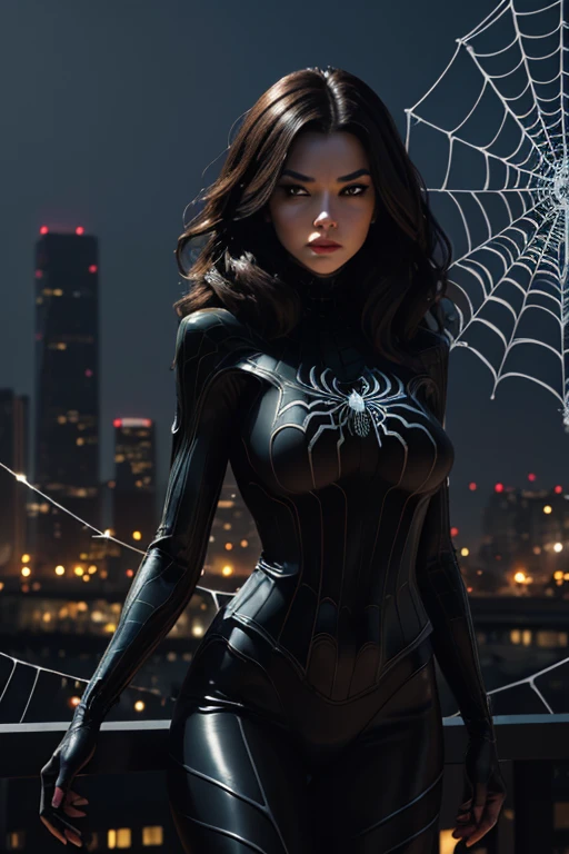 (((medium full shot))), (Masterpiece, photorealistic, photorealism, best quality, ultra-detailed:1.3), (nice hands, perfect hands), official art, cinematic light, (1girl:1.3), adult, RAW photo, A woman in a ((super evil)) black costume with a spider emblem stands before a cityscape at night, a (((large black spider web in the foreground))). Black Widow, murderous expression, villainess