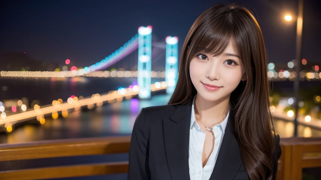masterpiece、1 beautiful girl、Detailed eyes、Puffy eyes、highest quality, 超A high resolution, (reality: 1.4), Cinema Lighting、Japanese、Asian Beauty、so beautiful、Beautiful Skin、thin、Body facing forward、(超reality的な)、(High resolution)、(8k)、(Very detailed)、(beautiful Detailed eyess)、(Very detailed)、 (wall-)、Detailed face、Bright lighting、Professional Lighting、Looking at the audience、Look straight ahead、Black business suit、Like a female announcer、Long Hair, Asymmetrical bangs, 、Night view、Brown Hair、Japanese Idols、Korean Idols、Fiery idol pose、、23 years old、expensive, smile, Nagasaki City、Park scenery、