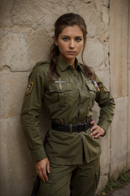 Mujer en uniforme posando para una foto frente a una pared, chica militar muy sensual, beautiful female soldado, infantry girl, soldado girl, wearing a uniforme militar, wearing uniforme militar, portrait of a female soldado, portrait of soldado girl, militar, Army Uniform, soldado, wearing dirty soldado uniform, in a soldado uniform, in uniform, uniforme militar.