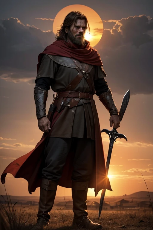 On the medieval battlefield, under a sky tinted with shades of orange and red by the setting sun, a sturdy man stands at the center. His scarlet cloak billows in the wind, framing an imposing figure. Wielding the legendary sword Excalibur, he radiates determination and nobility. Around him, seasoned soldiers grip shields and spears, preparing for the clash. The barren land, scarred by the wounds of war, bears witness to the imminent tension. With firm and resolute eyes, the man embodies courage and hope amidst the chaos of battle.