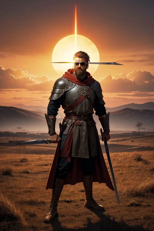 On the medieval battlefield, under a sky tinted with shades of orange and red by the setting sun, a sturdy man stands at the center. His scarlet cloak billows in the wind, framing an imposing figure. Wielding the legendary sword Excalibur, he radiates determination and nobility. Around him, seasoned soldiers grip shields and spears, preparing for the clash. The barren land, scarred by the wounds of war, bears witness to the imminent tension. With firm and resolute eyes, the man embodies courage and hope amidst the chaos of battle.