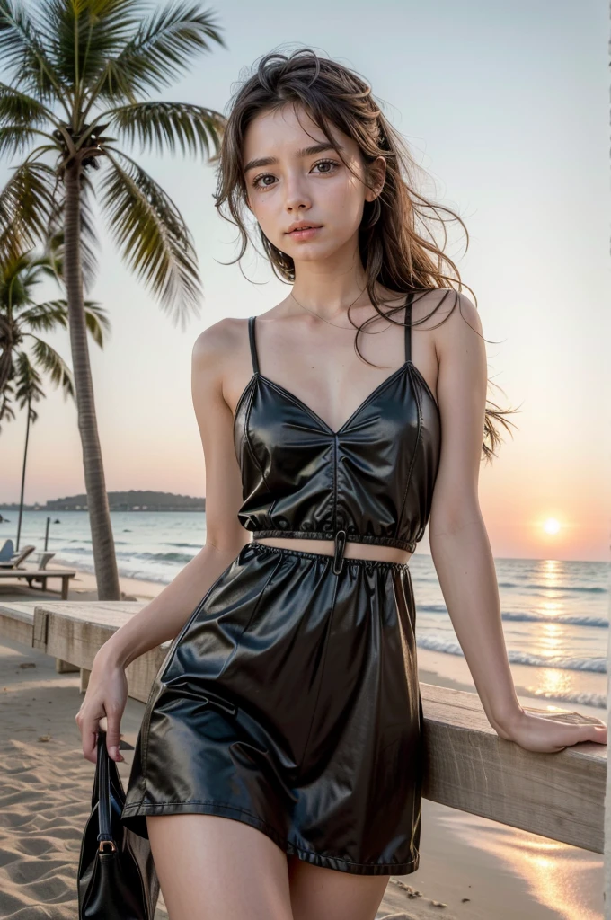 ( Obra maestra, mejor calidad, high resolution:1.3)
CyberClaire (in English), 1 chica, pelo largo, Brown eyes, en la playa, mini vestido, palmeras, Puesta del sol