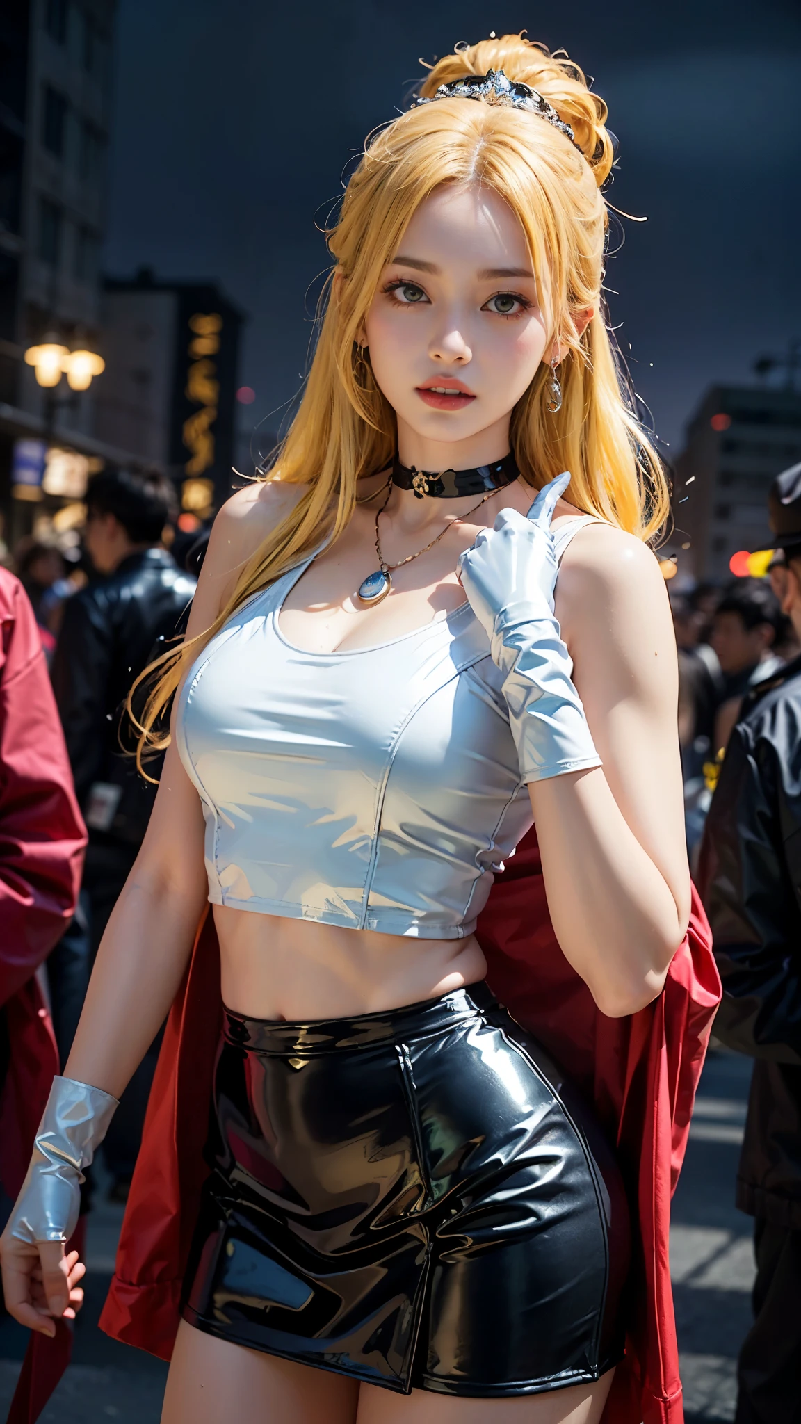 ((masterpiece:1.4)、(highest quality:1.4)、(Realistic:1.7))、Masterpiece:1.4、(Top-notch rendering:1.4)、beautiful girl、(beautiful girl戦士セーラームーン2:1.7)、moon野うさぎ、(Body Fit Sexy Sailor Warrior Uniform:1.4)、(Shiny latex:1.7)、(The jacket is a white sleeveless sailor suit....:1.4)、(Skirt Blue Sexy Ultra Ultra Pleated Mini Skirt:1.4)、The sailor suit collar has two thin blue lines...............:1.2、High leg swimsuit、Red cloth decoration on chest:1.2、(Wearing white gloves)、Cute Girl、Super Beauty、Sharp Focus、Portrait Photography:1.4、8k、Photorealistic images:1.4、(Perfect female body:1.4)、Perfect proportions、(Upper body shot:1.4)、Beautiful Face、Beautiful Eyes、(Narrow waist:1.4)、(9-body proportions beautiful girl:1.4)、(足が長くスタイルの良いbeautiful girl:1.4)、Beautiful feet:1.2、(Yellow Hair:1.4)、(Long Hair:1.2)、(ponytail:1.2)、Beautiful breasts、Large Breasts:1.2、sexy ass、Raw photo、Red lips、Red high heels:1.4、choker:1.4、necklace:1.4、Earrings:1.4、Gorgeous golden tiara:1.4、1 Screen Display:1.4、moon、universe、universe船、universeステーション、City of the Future