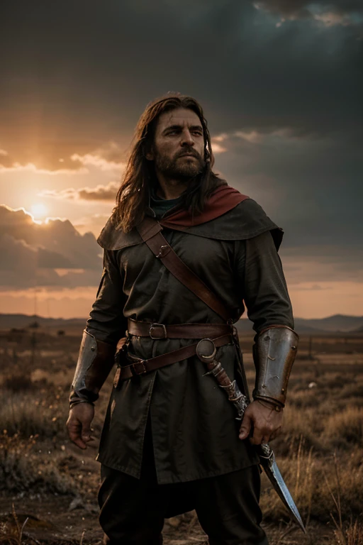 On the medieval battlefield, under a sky tinted with shades of orange and red by the setting sun, a sturdy man stands at the center amidst the chaos of battle. His scarlet cloak billows in the wind, framing an imposing figure. Wielding the legendary sword Excalibur, he radiates determination and nobility. Around him, seasoned soldiers grip shields and spears, engaged in fierce combat. The barren land, scarred by the wounds of war, bears witness to the intensity of the struggle. With firm and resolute eyes, the man embodies courage and hope amidst the tumultuous clash of arms.