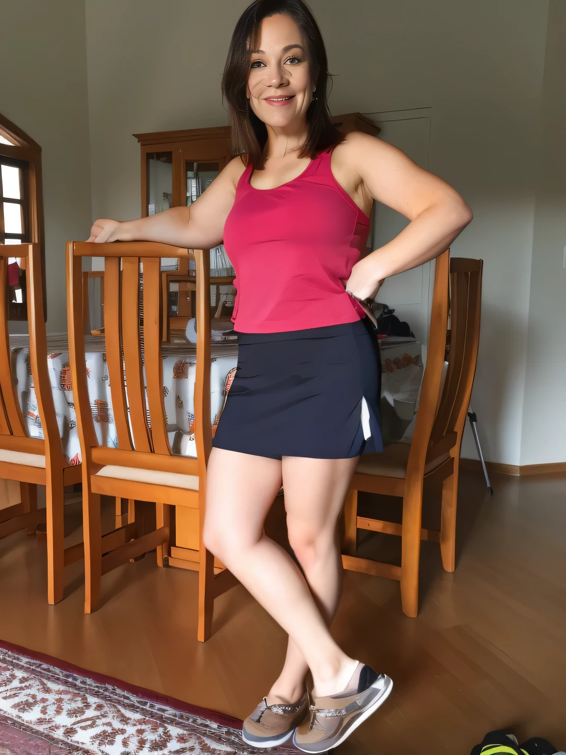 woman standing on a wooden floor in a room with a table and chairs, wearing a tanktop and skirt, wearing skirt, wearing fitness gear, outfit photo, fit pic, wearing tight simple clothes, full body wide shot, full body length shot, miniskirt, wearing a camisole and shorts, wearing honey - themed miniskirt, in shorts