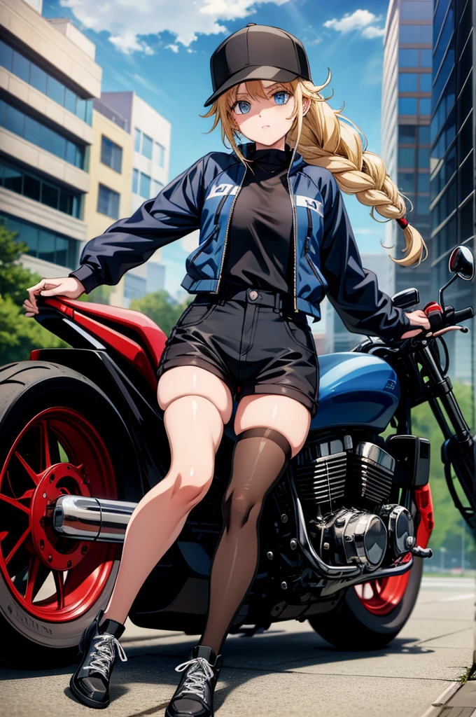 a girl riding a motorcycle with her hair tied up next to a building, 1girl, ground vehicle, motor vehicle, shorts, thighhighs, solo, motorcycle, hat, blue eyes, long hair, black shorts, braid, jacket, looking at viewer, black headwear, blonde hair, baseball cap, white shirt, shirt, blue footwear, outdoors, open clothes, shoes, black thighhighs, long sleeves, short shorts