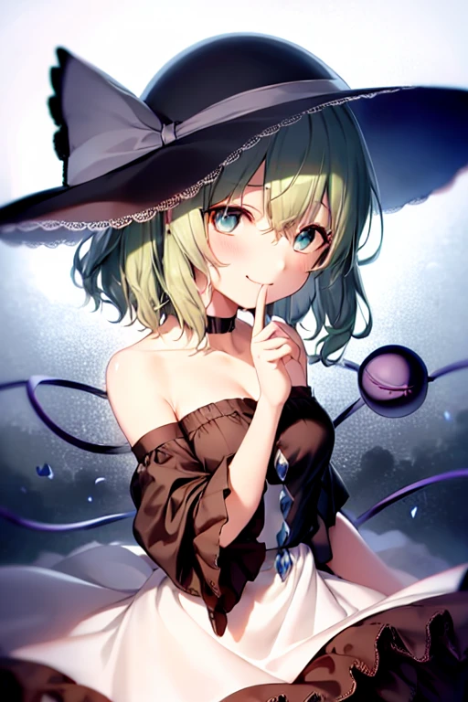 masterpiece, best quality, 1girl, solo, green eyes, komeiji koishi, hat, green hair, Nail Art, flower, blue flower, blue rose, rose, detached sleeves, short hair, bare shoulders, third eye, breasts, bow, smile, petals, dress, from side, medium breasts, looking at viewer, outdoors, black headwear, long sleeves, frills, cloud, wide sleeves, hat bow, closed mouth, choker, alternate costume, sky, black dress, white bow, blush, bangs, hair between eyes, flower field, finger to mouth, frilled sleeves, hand up, field, strapless, eyeball, white skirt, cloudy sky, hat ribbon, ribbon, strapless dress, detached collar, finger to cheek, adapted costume, standing, cowboy shot, upper body