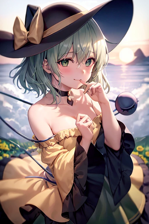 masterpiece, best quality, 1girl, solo, green eyes, komeiji koishi, hat, green hair, Nail Art, flower, blue flower, blue rose, rose, detached sleeves, short hair, bare shoulders, third eye, breasts, bow, smile, petals, dress, from side, medium breasts, looking at viewer, outdoors, black headwear, long sleeves, frills, cloud, wide sleeves, hat bow, closed mouth, choker, alternate costume, sky, black dress, white bow, blush, bangs, hair between eyes, flower field, finger to mouth, frilled sleeves, hand up, field, strapless, eyeball, white skirt, cloudy sky, hat ribbon, ribbon, strapless dress, detached collar, finger to cheek, adapted costume, standing, cowboy shot, upper body