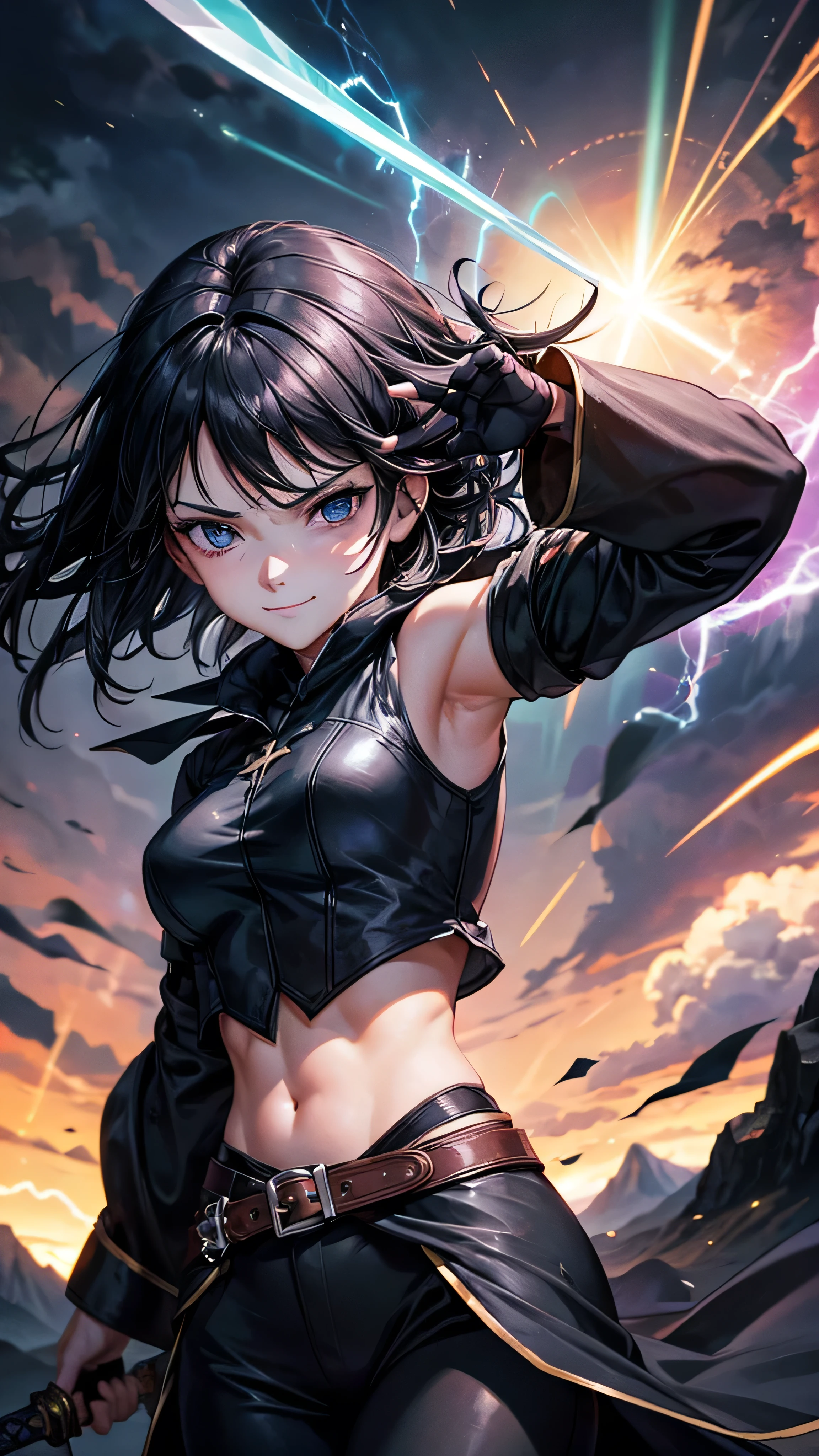 1girl, mage, highly detailed, masterpiece, best quality, correct hands, medium breasts, short black hair, short hair, blue eyes, winking, black robe, black pants, black shirt, black vest, defined curves, smug smile, mountain background, storm, lightning, stormy atmosphere, flying, floating above the ground, surrounded by lightning, static sparks, holding a sword