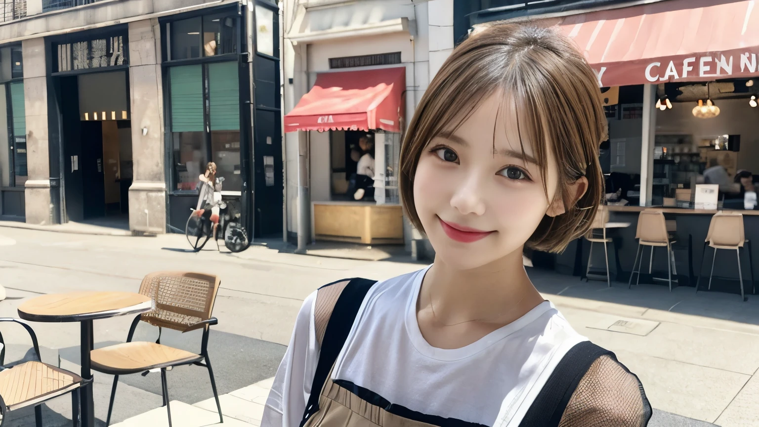 super high quality, Slender, Gravure photoshoot, The staff is working at the counter in the back., (8k、RAW Photos、highest quality、masterpiece:1.2), Japanese Idol, Sportswear, Stylish café, The cafe is crowded with people enjoying themselves., (Realistic、Photorealistic:1.37), Mesh Hair, Urban Cafe, Golden Ratio, Raw photo, Cute face , Light Brown Hair, Small breasts, Bright cafe interior, Blurred Background, Beauty salon model, Spring Clothes, Beautiful hairstyle, Spoiled, Cafe Terrace, Open Cafe, Smile, Hair blowing in the wind, Neat clothes, boyish, Very Short Hair, 18-year-old, younger sister,