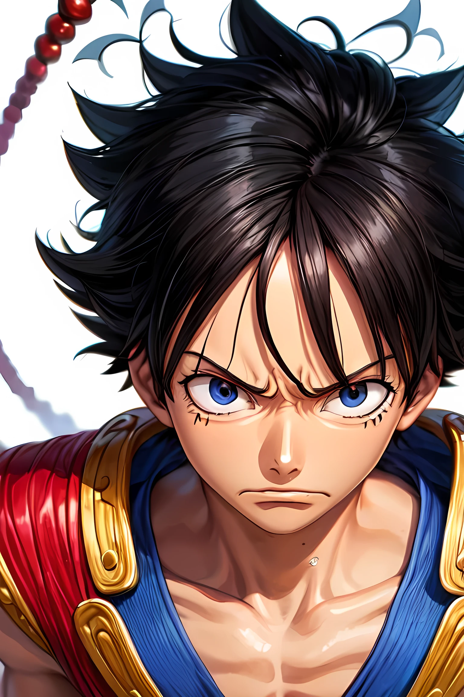 Close-up photo of a glass man, intricate detailes, White background, Transparent body, Visible veins, wires, Highly detailed, Head, Upper body, Breathtaking, sharp focus, Glass Art, red and blue, intricate detailes, Terrible, Most Beautiful Form of Chaos, luffy, luffy one piece, luffy gear 5,