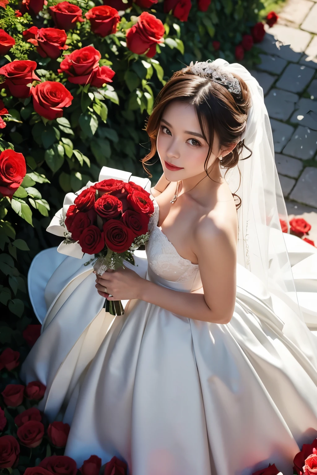 Beautiful woman holding a bouquet of red roses, wearing a wedding dress,  magazine pose, rose fence, (from above)