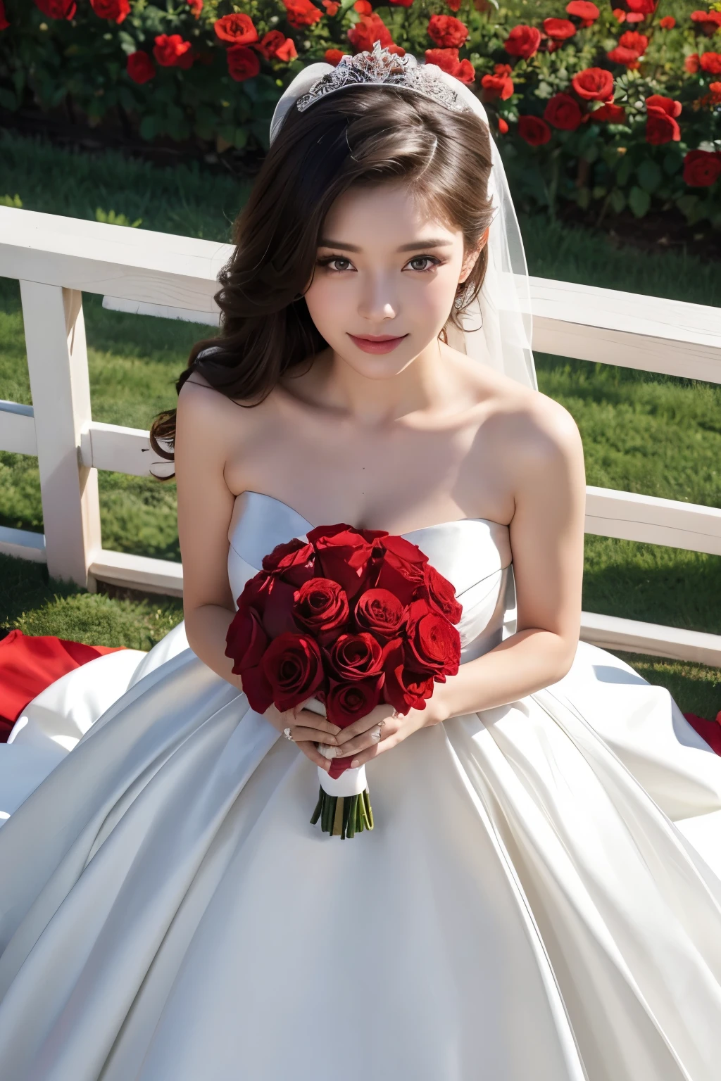Beautiful woman holding a bouquet of red roses, wearing a wedding dress, magazine pose, rose fence, (from above)