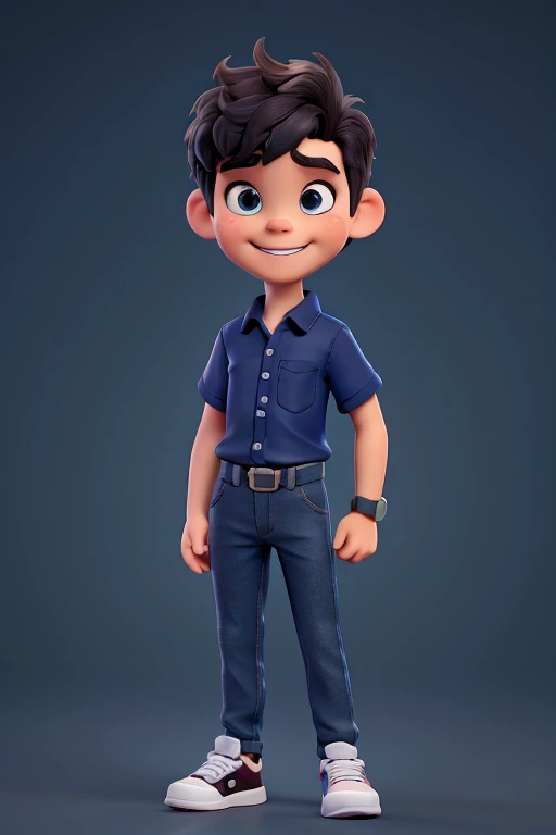nsfw, 8K raw photo, best quality, masterpiece, ultra-high resolution, film grain, film, 1 boy, looking at viewer, cartoon style look, cartoon details, dark blue almost black pants, men's hair dark brown, messy hair, smile, braces, medium height, small muscles, lime green shirt with a plain short sleeve collar, white background, silver watch on the right arm, black sneakers, posing positively with his hand