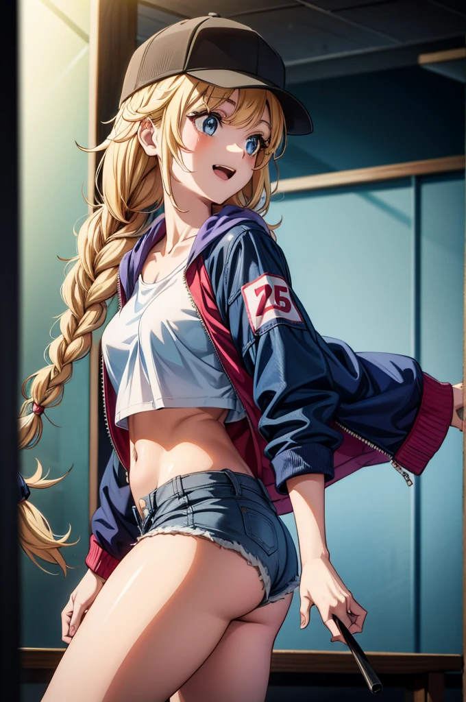 a naked anime girl wearing denim shorts and top shows her ass from side view, 1girl, shorts, hat, blonde hair, twin braids, baseball cap, navel, breasts, jacket, braid, solo, crop top, large breasts, long hair, smile, denim shorts, shirt, blue eyes, white shirt, denim, open mouth, black headwear, midriff, short shorts, crop top overhang, blue shorts, open jacket, red jacket, collarbone, open clothes