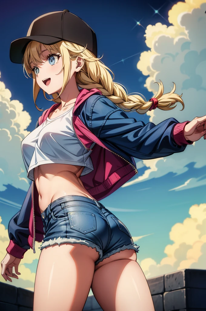 a naked anime girl wearing denim shorts and top shows her ass from side view, 1girl, shorts, hat, blonde hair, twin braids, baseball cap, navel, breasts, jacket, braid, solo, crop top, large breasts, long hair, smile, denim shorts, shirt, blue eyes, white shirt, denim, open mouth, black headwear, midriff, short shorts, crop top overhang, blue shorts, open jacket, red jacket, collarbone, open clothes
