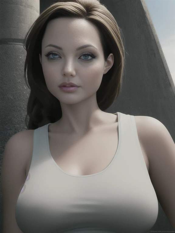 (masterpiece:1.2), (best quality,:1.2), 8k, HDR, ultra detailed, ((photorealistic)), professional light, cinematic lighting, sexy photography, ambient lighting, atmospheric effects, angl, Angelina Jolie as a Lara Croft, upper body shot, wearing tank top, magical temple, epiCPhoto