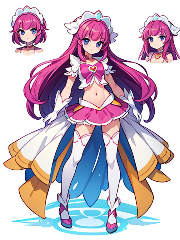 (((Best Quality))) , ((full body)), female, reference sheet, solo, (white background), precure costume, midriff, gloves,