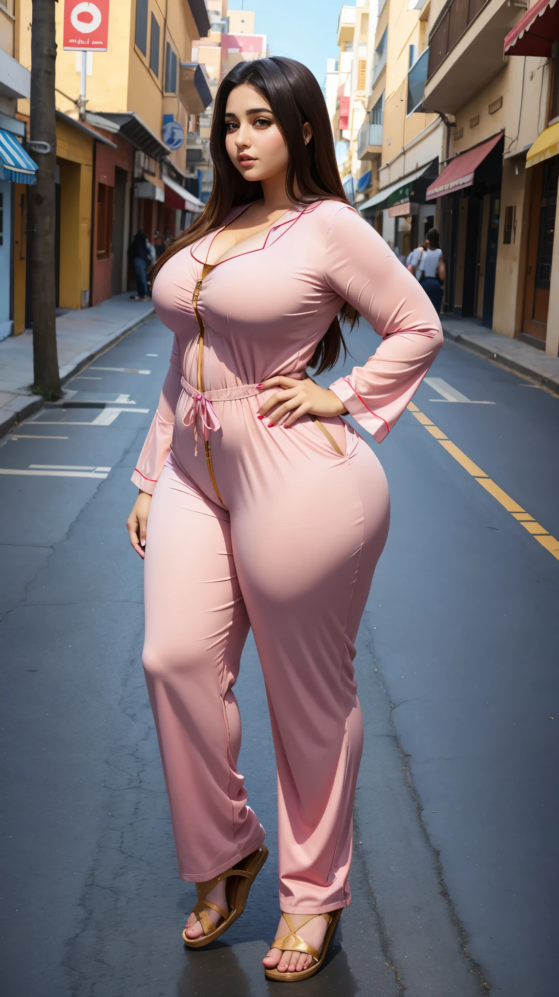 Arabic Woman in street, curvy body , wearing jumpsuit pajamas, beautiful woman, very detail ,pawg, long legs ,thick high, full body in camera, pawg, wearing strap wedges