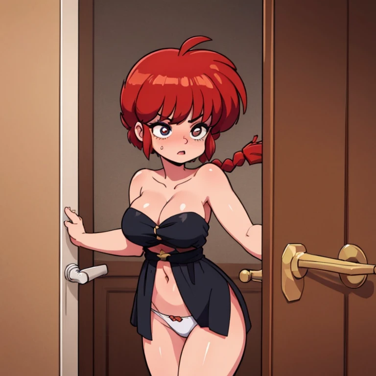 RanmaChan, cabello rojo, Cabello con trenza, ojos azules, ojos detallados, cuerpo completo, pose open door, coming out of bathing, toalla mojada, cara nerviosa, ropa interior