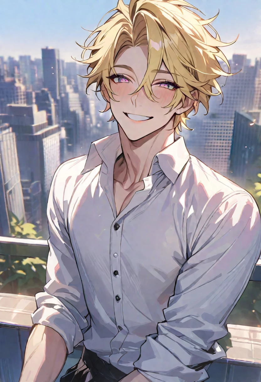 (Masterpiece:0.9), best quality, 1 male, Yellow hair, light pink eyes, smiling, soft boy, handsome, city background, boyfriend material