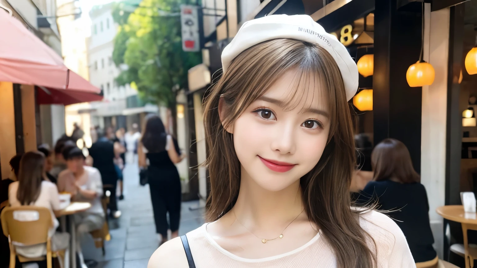super high quality, Slender, Gravure photoshoot, The staff is working at the counter in the back., (8k、RAW Photos、highest quality、masterpiece:1.2), Japanese Idol, Sportswear, Stylish café, The cafe is crowded with people enjoying themselves., (Realistic、Photorealistic:1.37), Mesh Hair, Wearing a cap, Urban Cafe, Golden Ratio, Raw photo, Cute face , Light Brown Hair, Small breasts, Bright cafe interior, Blurred Background, Beauty salon model, Spring Clothes, Beautiful hairstyle, Spoiled, Cafe Terrace, Open Cafe, Smile, Hair blowing in the wind, Neat clothes, boyish, Very Short Hair, 18-year-old, younger sister, 
