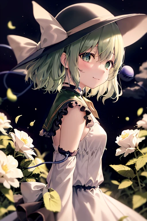 masterpiece, best quality, 1girl, solo, green eyes, komeiji koishi, hat, green hair, flower, blue flower, blue rose, rose, detached sleeves, short hair, bare shoulders, third eye, breasts, bow, smile, petals, dress, from side, medium breasts, looking at viewer, outdoors, black headwear, long sleeves, frills, cloud, wide sleeves, hat bow, closed mouth, choker, alternate costume, sky, black dress, white bow, blush, bangs, hair between eyes, flower field, frilled sleeves, hand up, field, strapless, eyeball, white skirt, cloudy sky, hat ribbon, ribbon, strapless dress, detached collar, finger to cheek, adapted costume, standing, cowboy shot, upper body