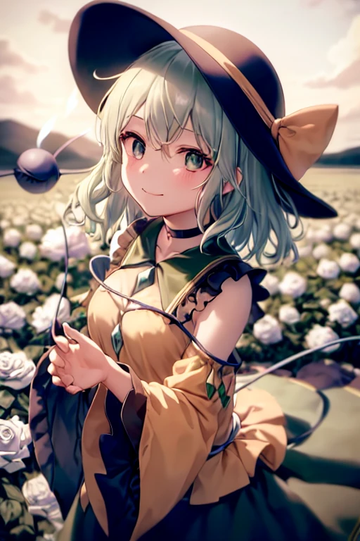 masterpiece, best quality, 1girl, solo, green eyes, komeiji koishi, hat, green hair, flower, blue flower, blue rose, rose, detached sleeves, short hair, bare shoulders, third eye, breasts, bow, smile, petals, dress, from side, medium breasts, looking at viewer, outdoors, black headwear, long sleeves, frills, cloud, wide sleeves, hat bow, closed mouth, choker, alternate costume, sky, black dress, white bow, blush, bangs, hair between eyes, flower field, frilled sleeves, hand up, field, strapless, eyeball, white skirt, cloudy sky, hat ribbon, ribbon, strapless dress, detached collar, finger to cheek, adapted costume, standing, cowboy shot, upper body