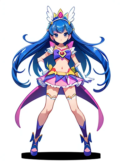 (((Best Quality))) , ((full body)), female, reference sheet, solo, (white background), precure costume, midriff, gloves,
