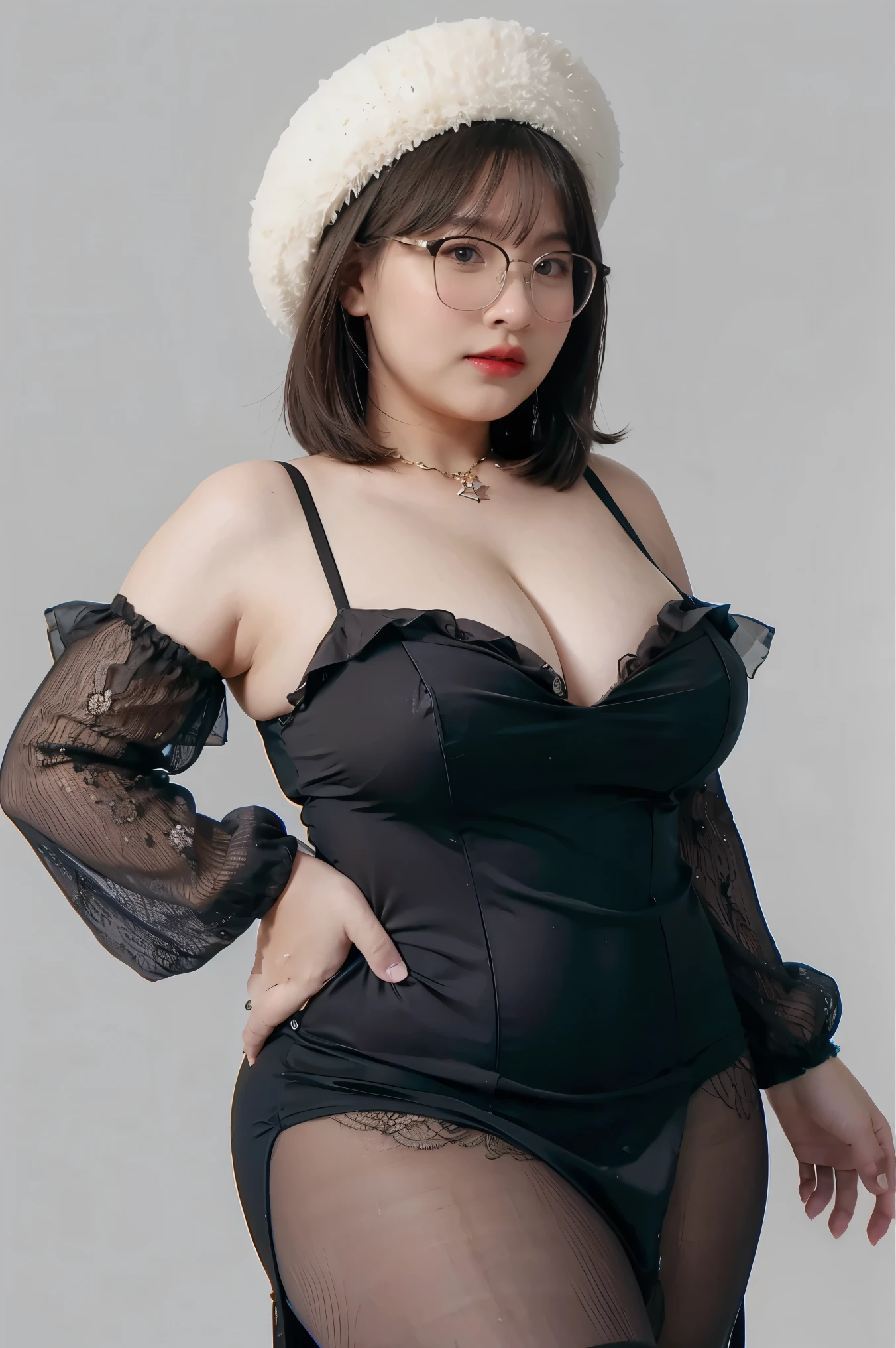 1lady, quite chubby, glasses, black  fantasy dress, white background,