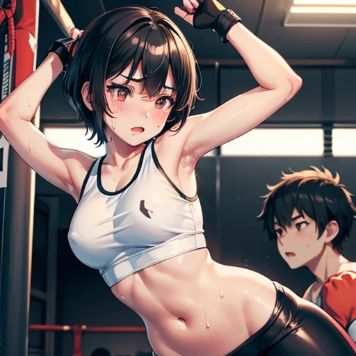 Cute Japanese high school girl with short cut, dark hair, drenched in sweat. Training at a mixed martial arts gym. Desperately working out her muscles by push up. Out of breath, tank top, leggings, open finger gloves. Small breasts, poor belly, slender body, poor body.