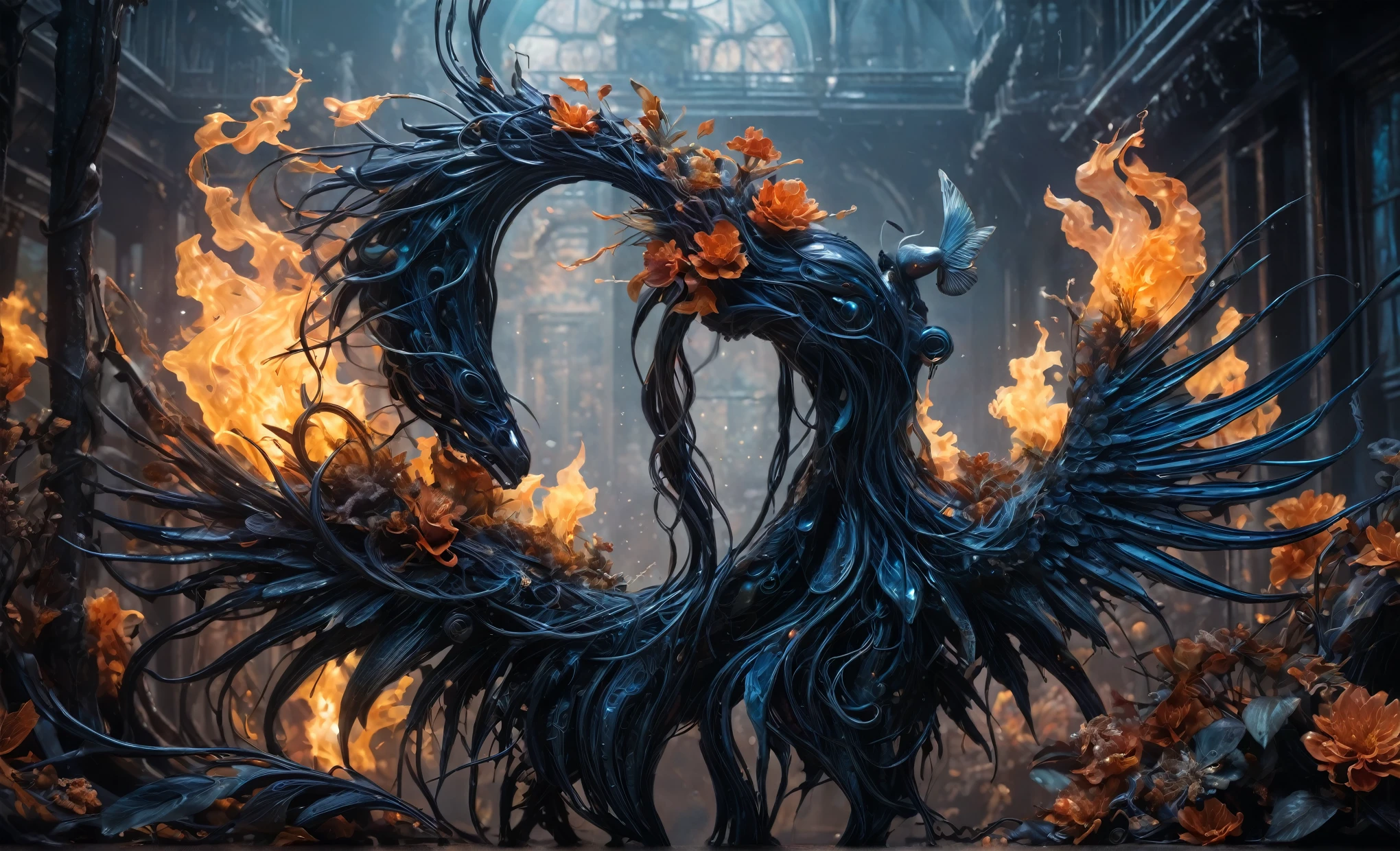(Professional photography, extremely detailed), a black copper plant girl made of dead plants,a girl made of plants, placed in Silent Hill, atmosphere with backlit,in flame,Nicola Samori, Alina Ivanchenko,Sergey Zabelin. The character draws reference to Aerith Gainsborough.,city on background,chinesse,pixie,(best quality: 1.4), (masterpiece: 1.2), detailed, complex, high resolution, iridescent colors, A charming and fascinating creature with otherworldly forms that blend the best aspects of the monster human form and the innocent charm of a precocious , scales, wings, blue, texture, complex, gorgeous, 3D, highly detailed, decorative style, Tim Burton, Dale Chihuly, Bruce Zheng, Cyril Rolando, H. R. Giger $plastic$ Grid: Real Lenoid afremov style, wet, fire, extremely detailed, high detailed eyes,8k resolution,RAW,retina, Nikon Z9