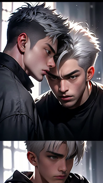 best quality masterpiece high definition platinum gray hair. A 19-year-old boy grabs his 25-year-old brother by the neck. They look at each other, fight with an angry face, grab him by the and threaten to hit him with her fist...., she gets angry, wants to hit him,