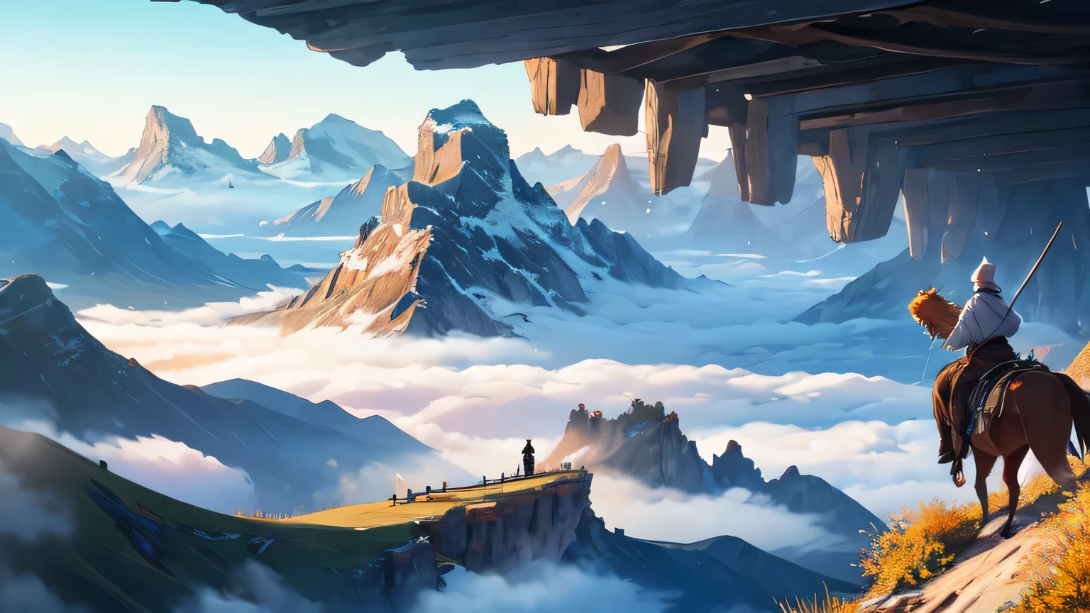 Chinese hermit riding on a cloud, an old man, close-up, detailed Oriental costume, dynamic pose, dutch angle, pointed rocky mountains, unexplored land, fog, ink painting style
