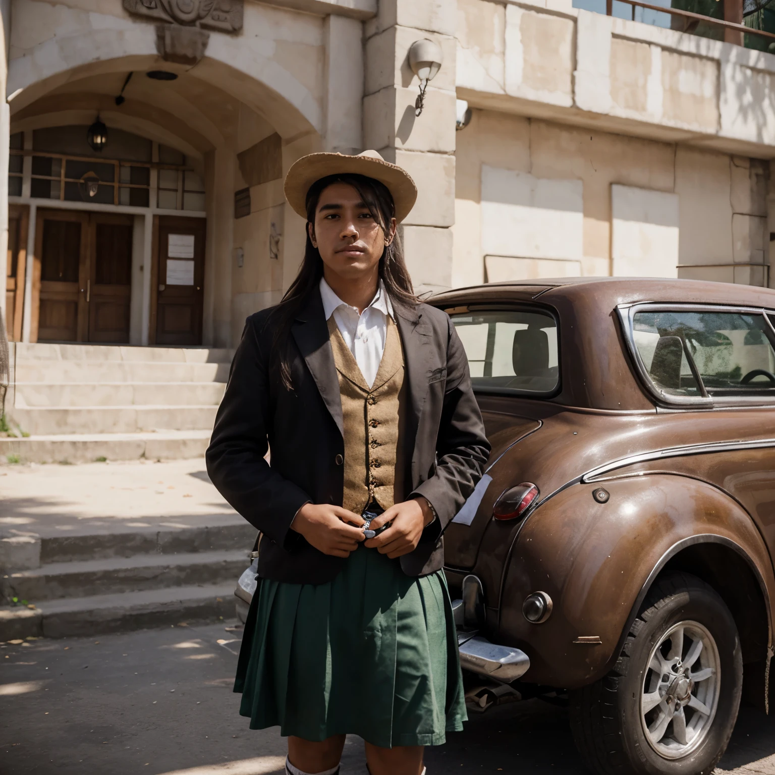 Crea una imagen de historieta, There must be the autonomous university of Mexico and in front of this school a character dressed in civilian clothes with a charro hat