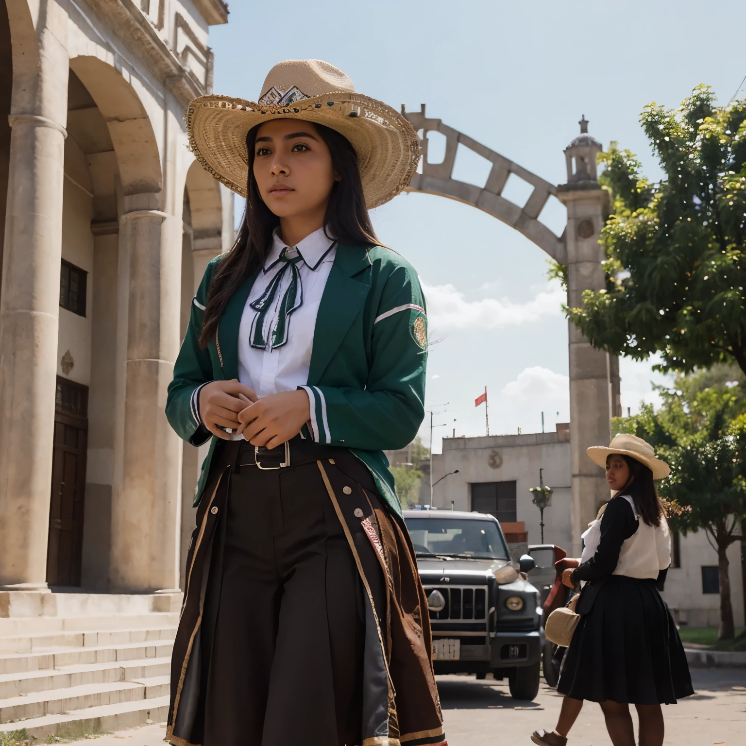 Crea una imagen de historieta, There must be the autonomous university of Mexico and in front of this school a character dressed in civilian clothes with a charro hat