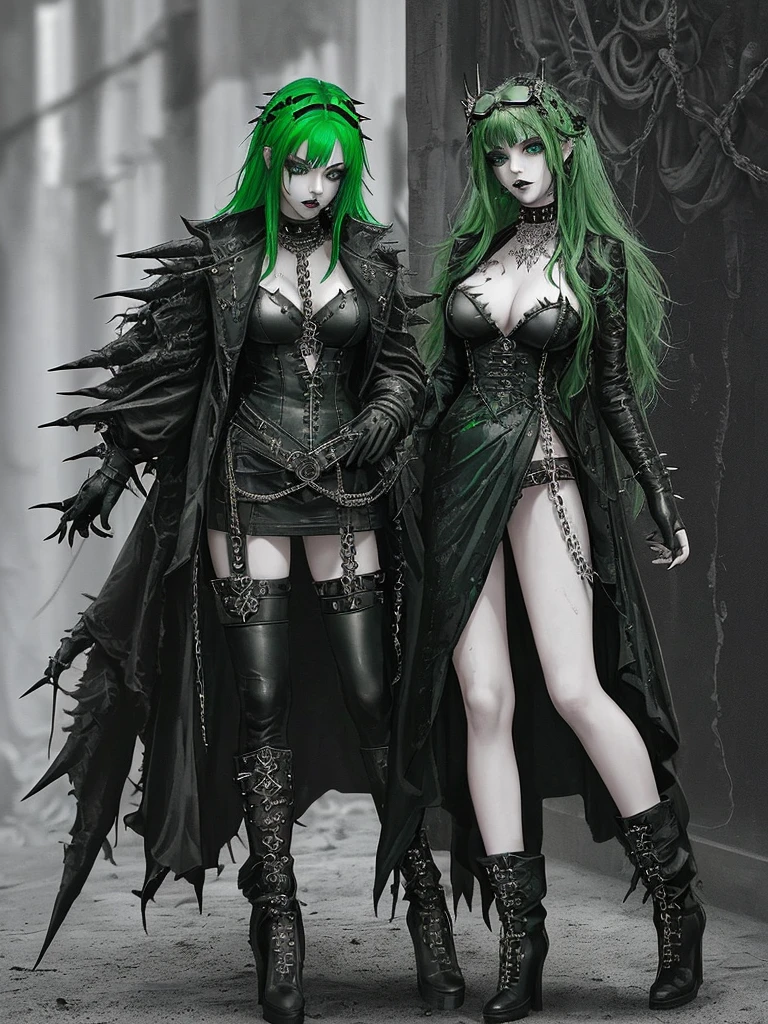 Gothic woman, soft beauty, dark makeup, piercings, full body, toxic green hair, spiked goggles on head,messy hair, messy bangs, piercing gaze, large spiked boots, chains